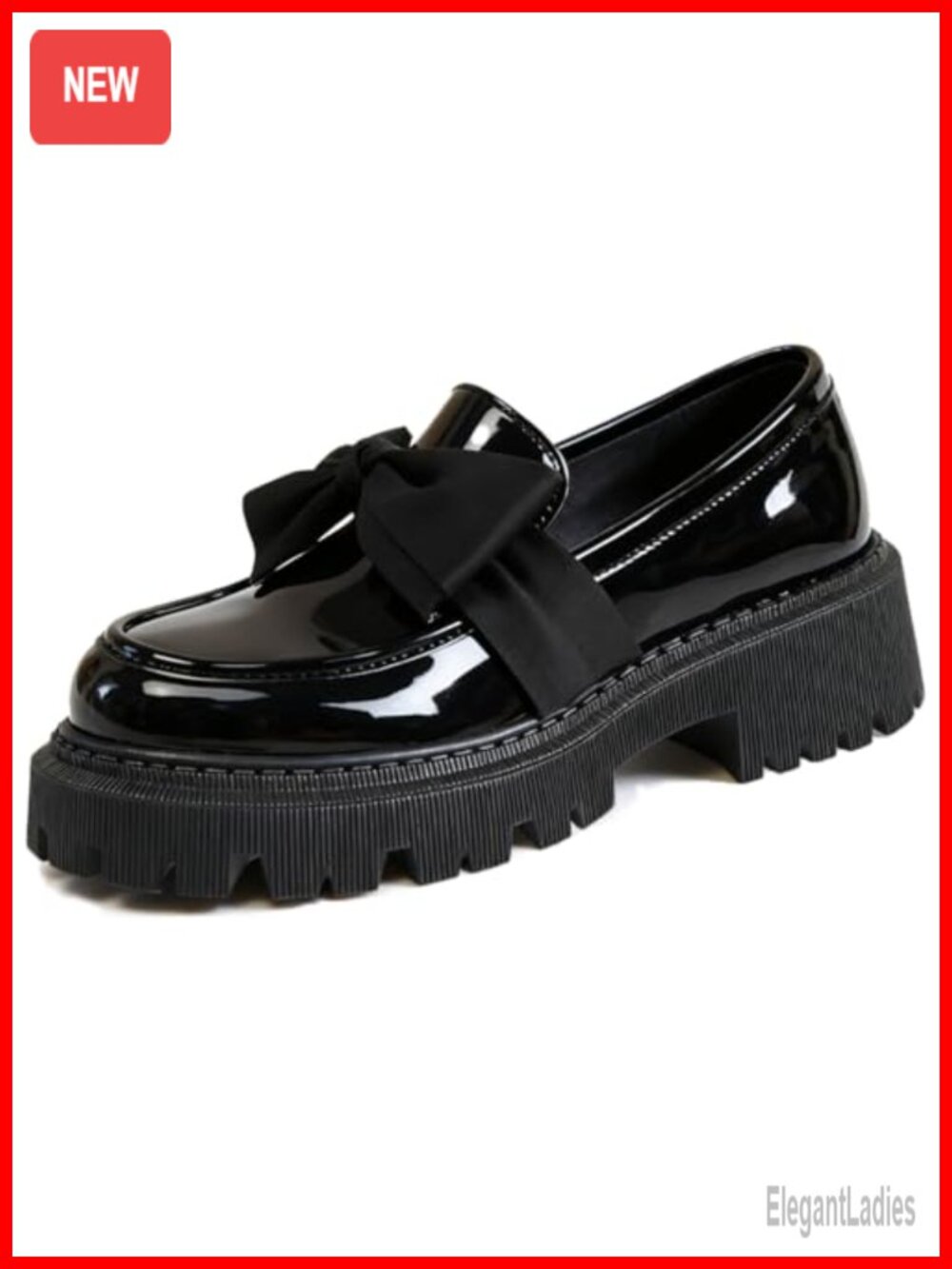 Patent Leather Bow Loafers Chunky Heel Lug Sole Slip-On Dress Shoes Women